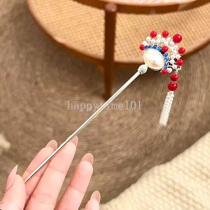 Chinese Ethnic Pearl Hair Stick for Women Hanfu Tassel Chopsticks Metal Hair Clip Hairpins Wedding Hair Jewelry Accessories