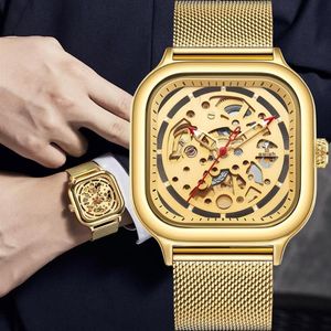 Luxo dourado automático relogio masculino design de marca superior quartzo relógio de pulso moda quadrado oco aço relógios mecânicos masculino wr301u