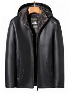 Mens Black Brown Leather Coats Autumn Winter Motorcykeljacka med en avtagbar huva varm ytterkläder överrock