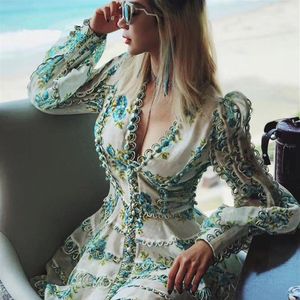 Europe Runway Designer Dress 2018 Women's High Quality Puff Sleeve Sexy V-neck Floral Printed Embroidery Button Resort Dress 2750