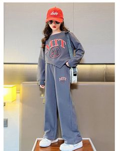 Kläderuppsättningar Junior Girls Casual Sports Suit Kids Fashion Printed Letter Oregelbundna Top Long Pants 2 Piece Set 3-15 Y Clothing Trend 231005