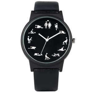 창조적 인 재미 쿼츠 남성용 검은 다이얼 쿼츠 시계 시계 수컷을위한 편안한 검은 가죽 스트랩 손목 시계 H1012236o