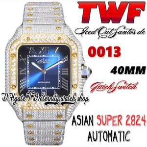 TWF TW0030 PAVED DIAMONDS ETA A2824 Automatisk herrklocka Blue Dial Roman Markers Gold Bezel Quick Switch Iced Out Diamond Armband242X