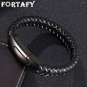 Charme Pulseiras FORTAFY Jóias Corda De Couro Preto Branco Nylon Misto Weave Pulseira Masculina Fecho De Aço Inoxidável Homem Pulseira Presente FR0046