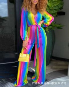 Kvinnors jumpsuits Rompers Women's Jumpsuit V Neck Long Sleeve Spring Summer övergripande byxor Jumpsuits Färg Rainbow Casual Ankle Längd Hög midja231005