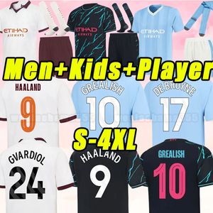 Fãs Jogador Versão Haaland Camisas de futebol 23 24 DE BRUYNE MANS CIDADES GREALISH MAHREZ FODEN FERRAN 2023 2024 camisa de futebol uniformes homens kit infantil RODRIGO S-4XL