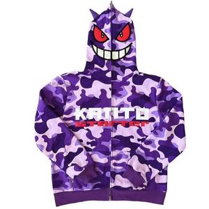 Horn huva full zip hoodie cardigan street sport tröja män kvinnor retro stor jacka y2k höst bapes halloween söt liten djävul pmey