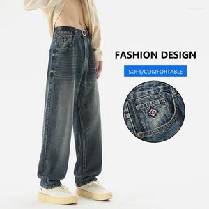 Calças de brim masculinas moda baggy reta vintage bordado lavado whiskered calças jeans y2k na moda streetwear quatro estações