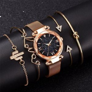 Fashion Bracelet Watches Women 5 Pcs Set Luxury Rose Gold Lady Watches Starry Sky Magnet Buckle Gift Watch for Female 201204219n