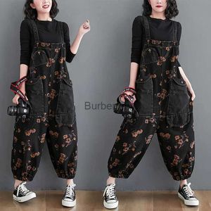 Kobiety Jumpsuits Rompers luźne dżinsy czarny kombinezon kobiety swobodne duże workowate spodnie damskie duże kieszenie nadruk kwiatowe dżinsowe pasy Jean Rompersl231005