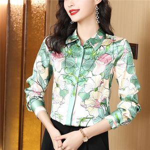 Luxury Silk Satin Fashion Floral Shirt Autumn Winter Long Sleeve Women Designer Grafiska blusar 2023 Office Ladies Lapel Classic Button Up Shirts Chic Runway Tops