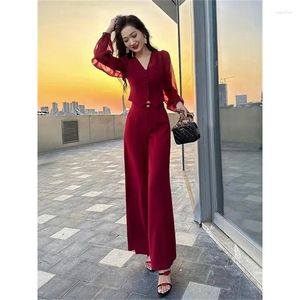 Frauen Zweiteilige Hosen Mode Damen Frühling Anzüge Hemd Spitze Top Breite Bein Zwei-Stück Set 2023 Sommer weibliche Elegante Wein Rot Schwarz