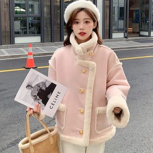 Mulheres Pele Falso Rosa Sherpa Cashmere Jaqueta Senhoras Curto Inverno Cor Sólida Costura Solta Manga Longa Pequeno Estilo Coreano Espessamento 231005