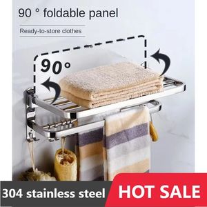 Towel Racks 40-50CM 304Stainless Steel Folding Movable Bath Towel Shelf Polished Bathroom Towel Rack Holder Storage Shelf Hook Accessories 230927