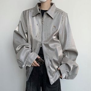 Herrenjacken Liquid Metal Pad Schulterjacke Damen Lokomotive Umlegekragen Doppelreißverschluss Lange Ärmel Lose Tops Mantel