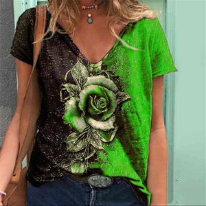 3D Rose Flower Print Women T Shirt 2022 Ny Summer Casual Short Sleeve V-ringen Löst överdimensionerade toppar Damer Stor storlek 5xl kläder338y