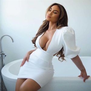 Ocstrade White BodyCon sukienka dla kobiet 2021 Summer imprezowy Lato Long Rleeve Sexy Deep V Neck -Backless Club Dress FITS Y060230O