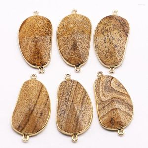 Pendant Necklaces Natural Irregular Painting Stone Connector Slice Gold Plated Edge Charms Fashion DIY Necklace Jewelry Wholesale 5Pcs