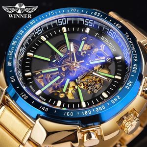 Winner Blue Light Glass Новые модные мужские часы Черные золотые водонепроницаемые спортивные автоматические часы из нержавеющей стали Luminous Clock267r