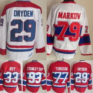 Uomo Retro Hockey 29 Maglia Ken Dryden Vintage CCM 33 Patrick Roy 77 Pierre Turgeon 79 Andrei Markov 93 Stanley Cup 4 Jean Beliveau 1 Jacques Plante Retire Rosso Bianco