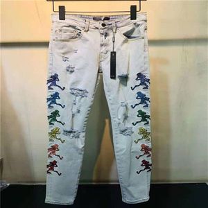 21SS Luxurys Designer Pattern Style Mens Jeans Classics Brand Designers Blue Slim-Ben Målad motorcykel Moto Biker Top Quality Vi305T