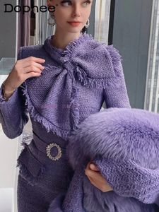 Podstawowe sukienki swobodne Przemysł ciężki Elegancki duży łuk Wiertło Pasek Pasek Purple Purple Tweed Dress for Women Socilite Slim Fitcon Long 231005
