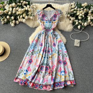 Basic Casual Kleider Sommer Runway Urlaubskleid Frauen Rüschen V-Ausschnitt Ärmel und hohe Taille Blumendruck Vintage Party Langes Kleid Vestidos 2024