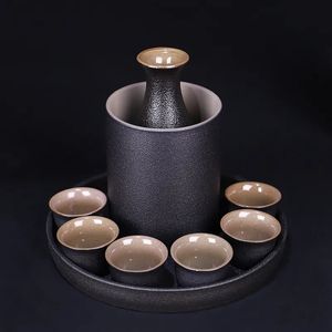 Caixas de armazenamento Caixas Estilo Japonês Cerâmica Sake Pot Cup Set Cerâmica Preta Licor Garrafa de Vinho Copos Bandeja 230928