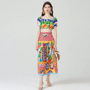 Summer Two Piece Dress Summer Holiday Beach Two Piece Set Women's Off Shoulder Flower Print Short Top High Waist Long Skirt Suits Runway Outfits 2024