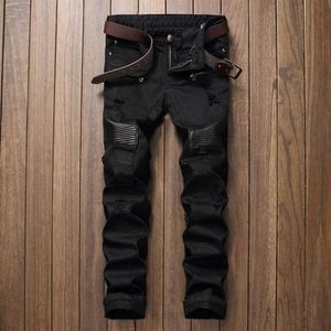 Calça jeans masculina de couro pu, de alta qualidade, design casual, jeans de motociclista, slim, reta, rasgada, biepa 8804228q