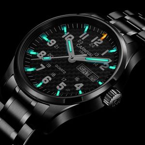 Armbandsur Carnival Top Quartz Watch Men T25 Tritium Luminous Mens Black Full Steel Waterproof Watches Relojes Will22299a