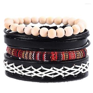 Charm Bracelets 4pcs/set Hippie Punk Black Brown Leather Band Beige Wood Beads White Cord Knots Tibatan Wide Bangles For Man