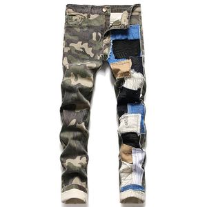 Stretch camuflagem costura cor combinando jeans finos masculinos outono e inverno novo casual algodão calças jeans moda 3191