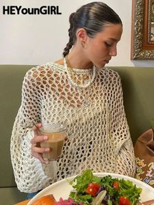 Женские свитера HEYounGIRL, винтажный повседневный вязаный свитер, футболка с длинным рукавом, Y2K, ажурный халат, топы, свободные пуловеры, футболка, модная уличная одежда 231005