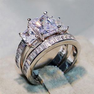 Victoria Wieck choucong Brand New Couple 2PCS Rings Luxury Jewelry 925 Sterling Silver Three Stone Princess Cut CZ Diamond Topaz W2175