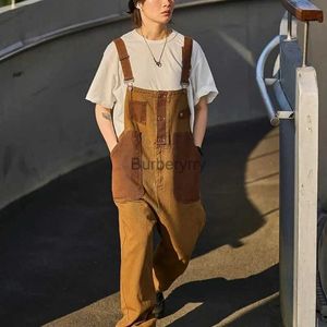 Women's Jumpsuits Rompers New Japanese retro Hong Kong flavor brown color matching neutral overalls American couple loose one-piece straight overalls tideL231005