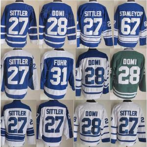 Mężczyźni retro hokej 27 Darryl Sittler Jerseys Vintage Classic 28 Tie Domi 31 Grant Fuhr 67 Stanleycup Blue White Green Team Kolor 75. rocznica haft i szycie