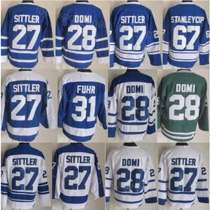 Мужской ретро-хоккей 27 Трикотажные изделия Дэррила Ситтлера Vintage Classic 28 Tie Domi 31 Grant Fuhr 67 Stanleycup Синий Белый Зеленый Цвет команды 75-летие Вышивка и шитье