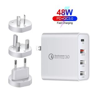 Carregador USB C 48W 4 portas Carregadores de parede PD de carregamento rápido com carga rápida 3.0, adaptador de viagem USB-C de múltiplas portas para Samsung iphone US EU AU UK plug com caixa