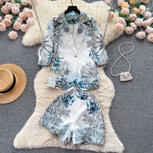 Women's Two Piece Pants Runway 2 Pieces Set Spring Summer Runway Fashion Notched Jacket Coat High Waist Flower Print Shorts Female Casual Suit 2024