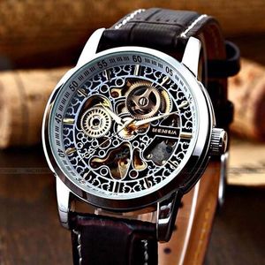 Shenhua Fashion Vintage Men Skeleton Watches Leather Band Automatic Mechanical Wristwatches relogio masculino reloj hombre264s