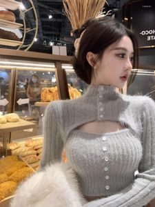 Kadın Sweaters Katı Mink Cashmere Cashmere Yurböceği Kazak Kadın Jumper Y2K Giysileri Sueters De Mujer Crop Teps Teps Bollow Out Örgü Pembe