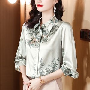 Green Silk Satin Graphic Vintage Shirt Women Designer Long Sleeve Classic Lapel Casual Button Up Shirts 2023 Autumn Winter Winter Blaus Bluses Office Ladies Tops