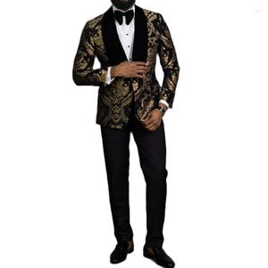 Herrkostnader svart blommor jacquard prom män 2 stycke smal passform med sammet sjal lapel bröllop brudgummen tuxedo manliga modekläder 2023