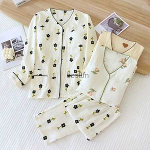 Women's Sleep Lounge 2023 Spring and Autumn New Women's Pajama Set 100% Cotton Crepe Flower Long Sleeve Pants with Chest Pad Home Suit Two Piece SetL231005