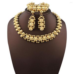 Necklace Earrings Set African Luxury Jewelry Gold Color Ball Beads Bracelet Women's Anniversary Party Wedding Dress Gift