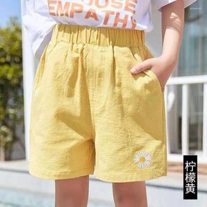 Shorts verão coreano crianças algodão linho para meninas amarelo roxo calças curtas roupas 1 2 3 4 5 6 a 10 anos de idade