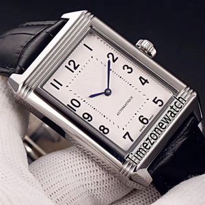 Новые часы Reverso Classic Medium Thin 2548520 Miyota 8215 Автоматические мужские часы со стальным корпусом Белый циферблат Черный кожаный ремешок Timezonewatch E235r