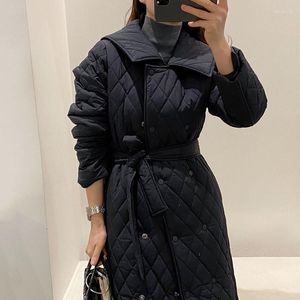 Women's Trench Coats Retro Chic Winter Lapel Double-breasted Bind Accept Waist Ling Plaid Woman With Thick Cotton-padded Jacket Coat