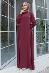 Etniska kläder Autumn Fashion Muslim Women Dress Causal Traditional Solid Diamond Soe Up